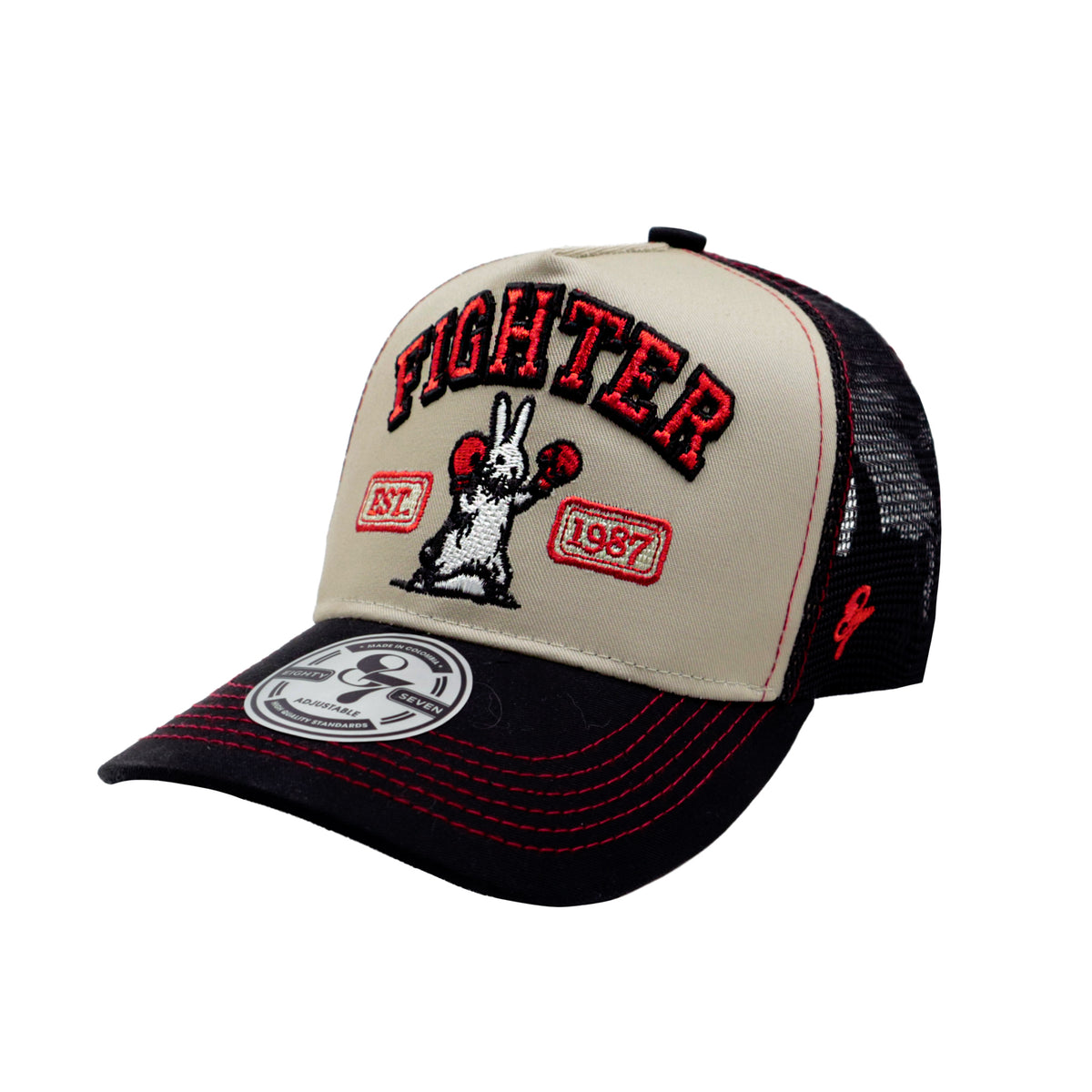 GORRA TRUCKER AJUSTABLE BEIGE CON NEGRO RABBIT FIGHTER