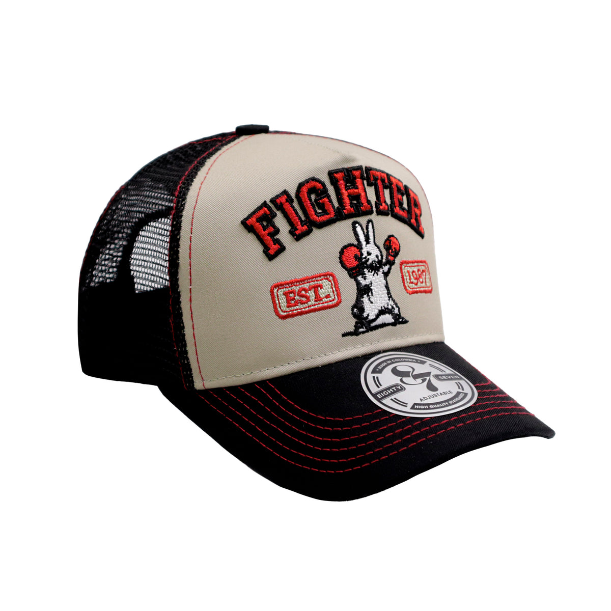 GORRA TRUCKER AJUSTABLE BEIGE CON NEGRO RABBIT FIGHTER