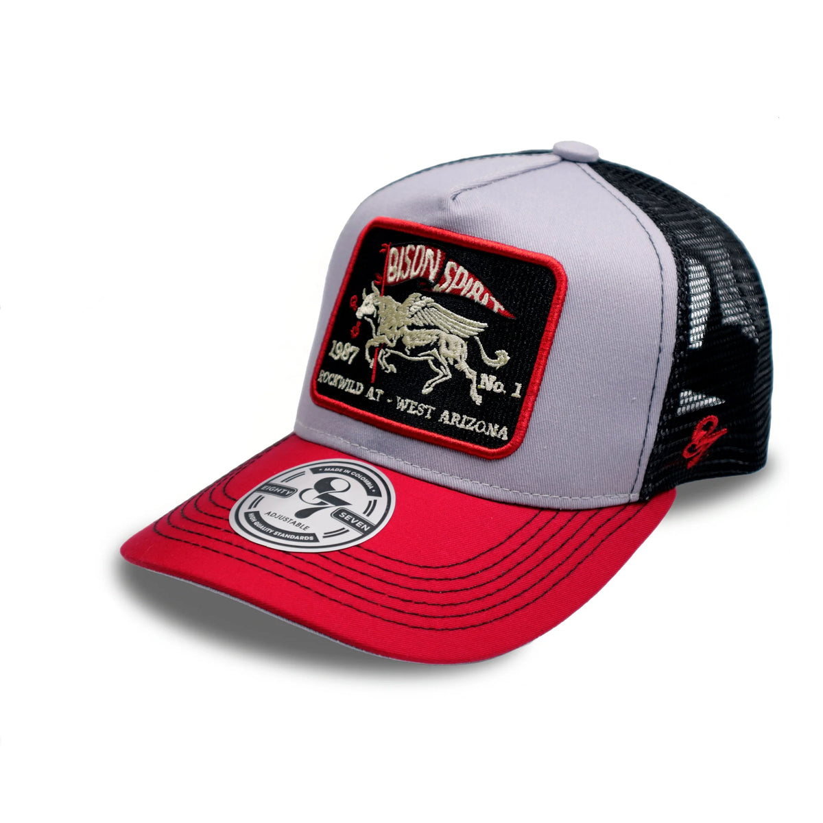 GORRA TRUCKER AJUSTABLE GRIS CON ROJO BISON SPIRIT