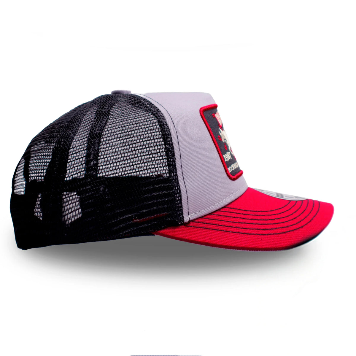 GORRA TRUCKER AJUSTABLE GRIS CON ROJO BISON SPIRIT